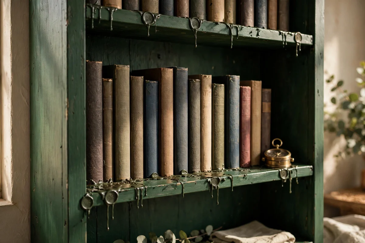 Bookshelf painted deep forest green with wax sealed shelves of books.