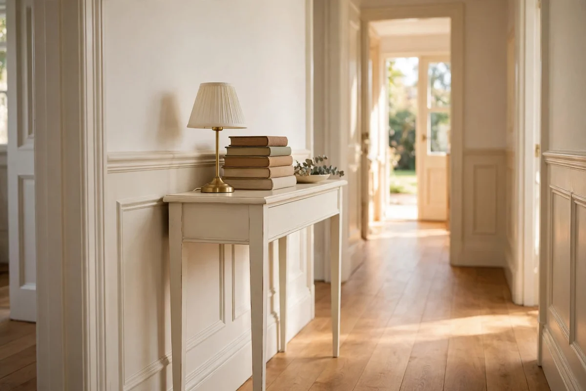 Slim cream hallway console table narrowed from a desk, styled with a lamp.