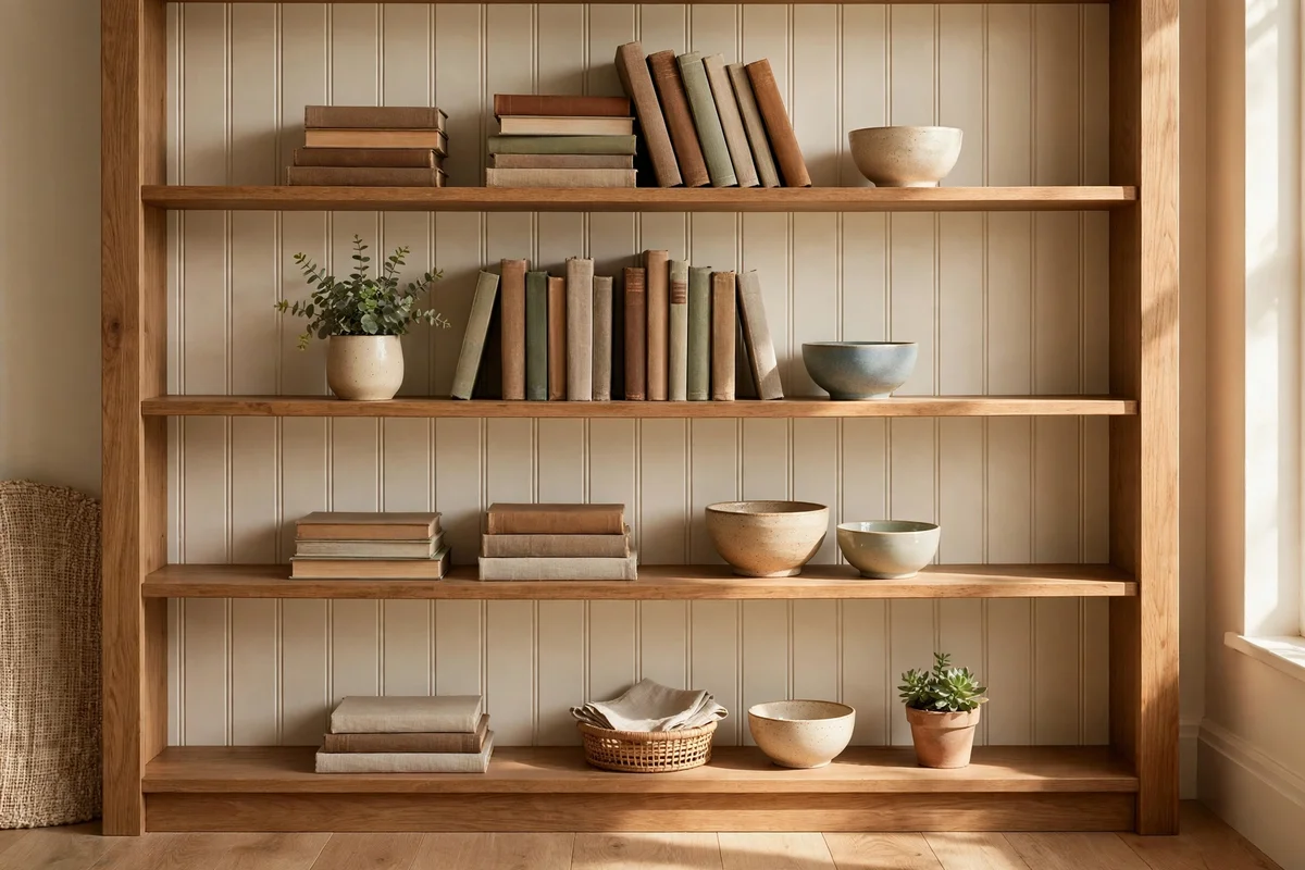 Open bookcase backed with cream beadboard panels, styled with books.