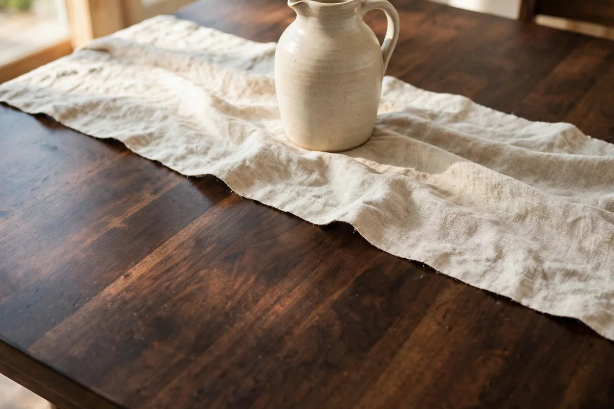 Dining tabletop restained in dark walnut gel stain with a soft sheen.