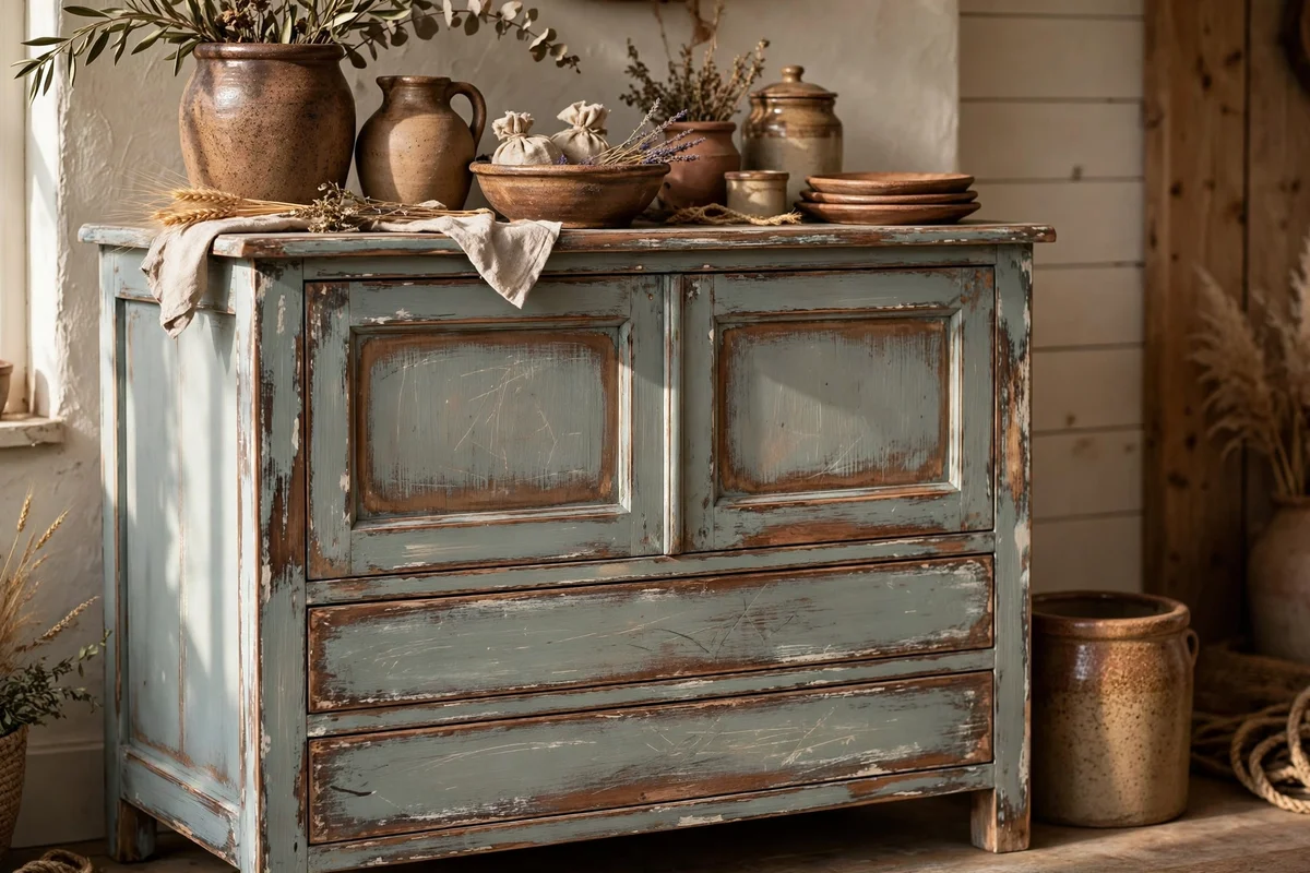Farmhouse cabinet with layered milk paint over chalk paint, sanded edges.