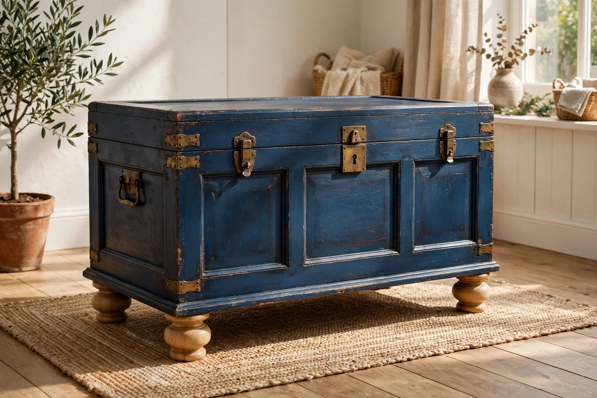 Vintage chest on new turned wooden bun feet, painted deep blue.