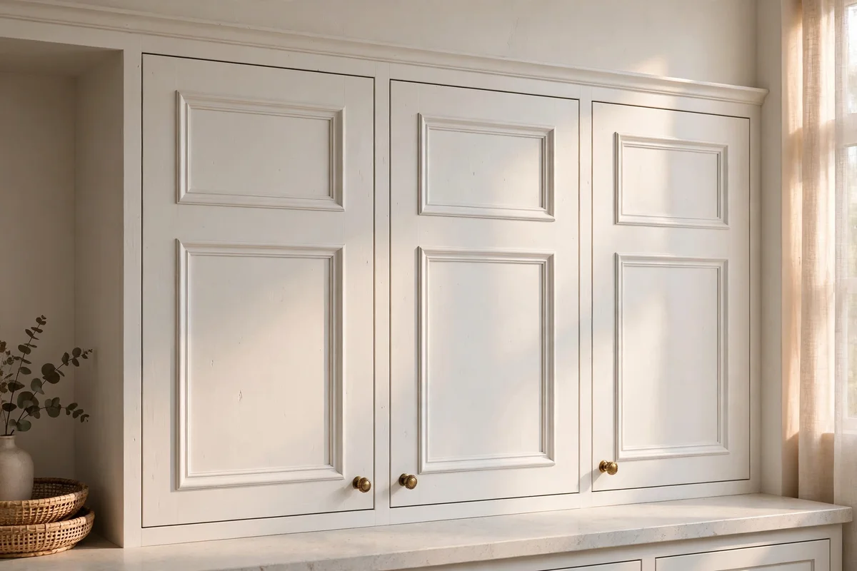 Cabinet doors with picture frame moulding rectangles, painted soft white.