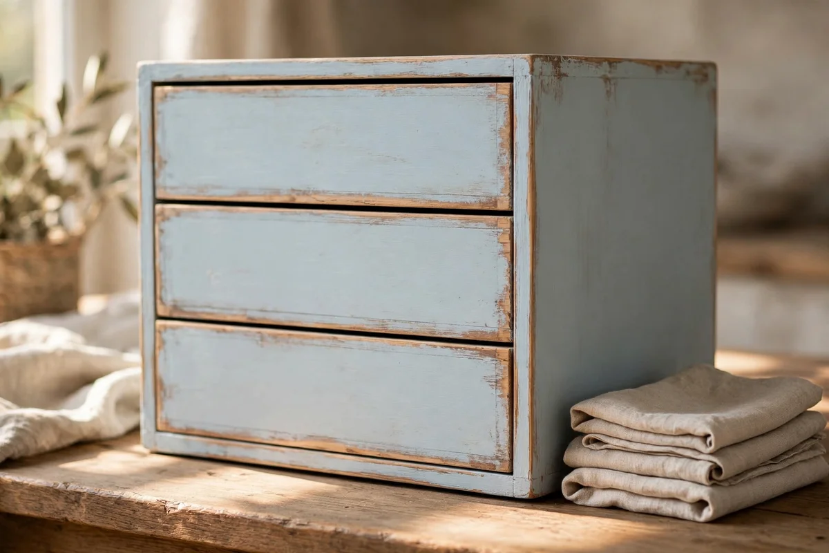 Pale blue drawer fronts with edges sanded back to bare wood lines.