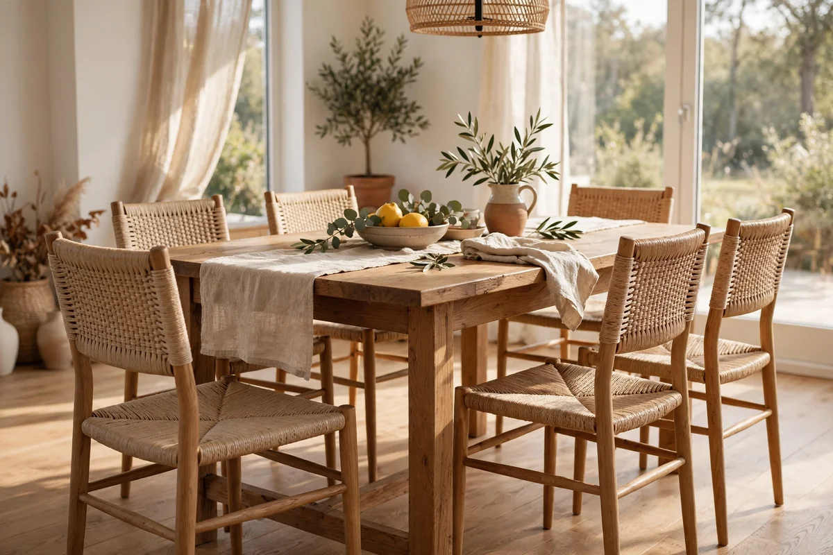 Dining chairs with refreshed woven linen seats in natural flax.