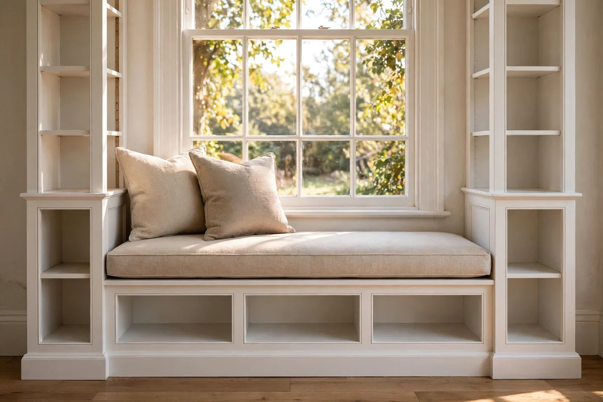 Low window seat cabinet shortened from a bookcase, with a cushion.