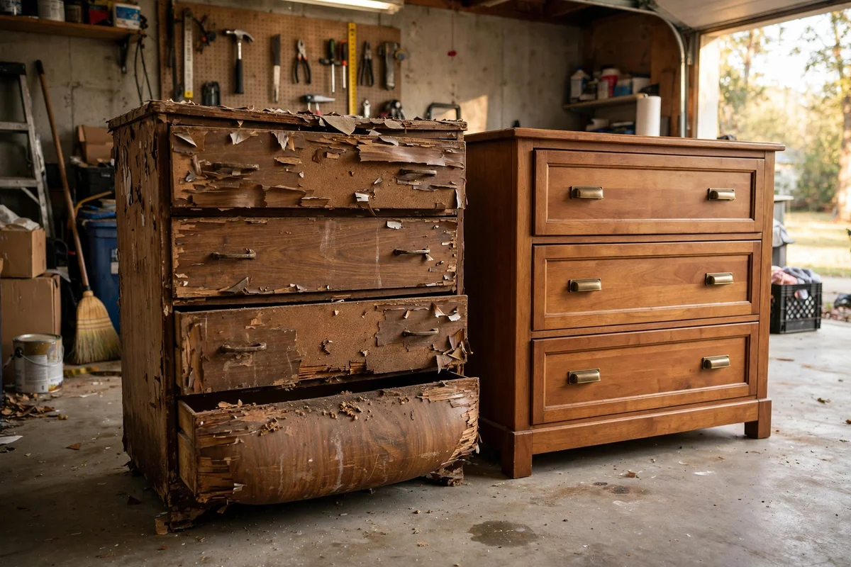 Worn swollen chipboard dresser not worth restoring, beside solid wood piece.