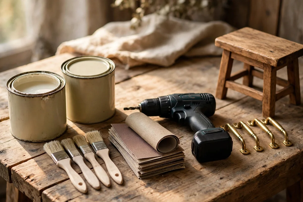 Neat still life of furniture flipping tools: paint tins, brushes, drill.