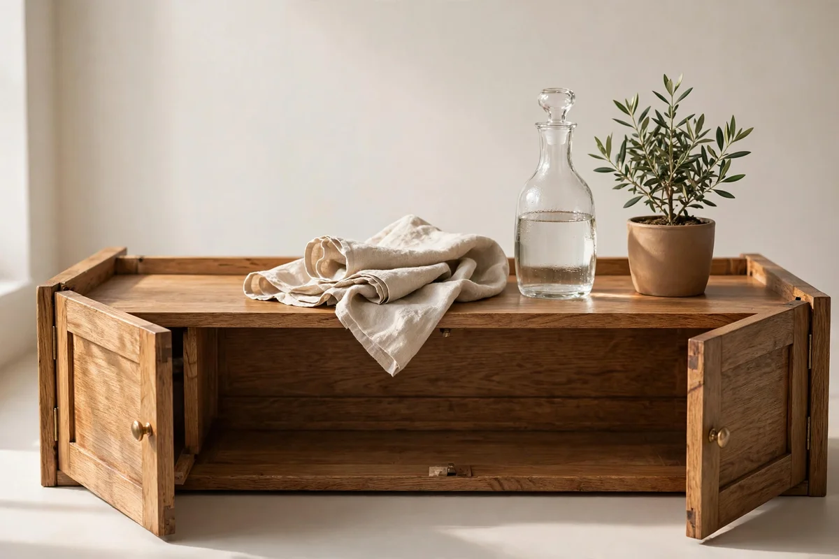 Finished flipped sideboard photographed in soft window daylight, styled.