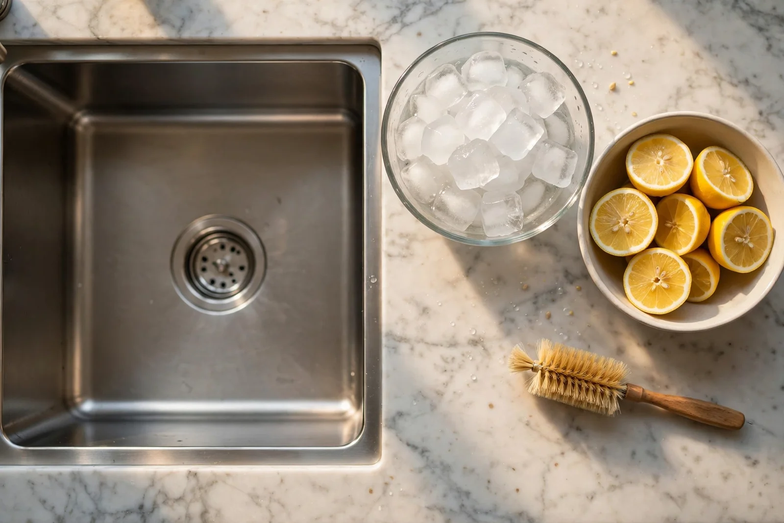 Overhead view of a stainless kitchen sink with bowls of ice cubes and lemon halves beside it