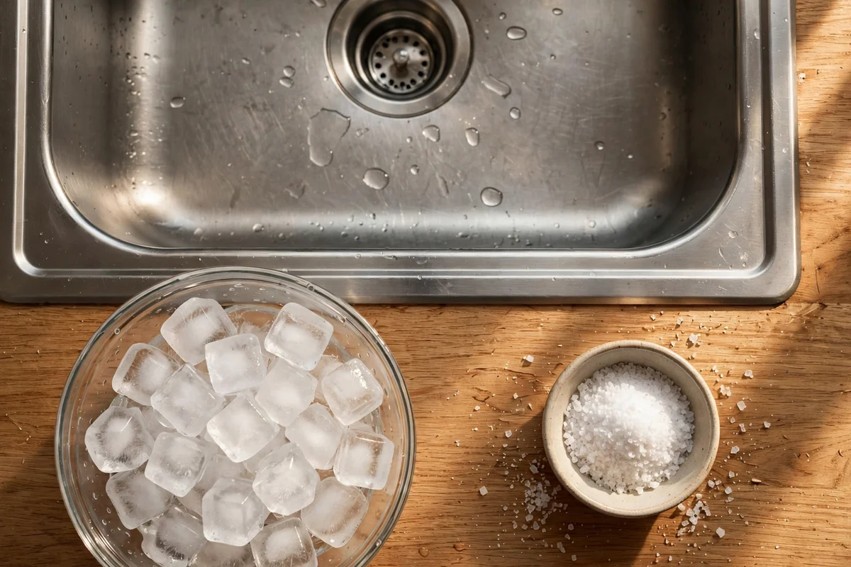 Ice cubes and coarse salt beside a kitchen sink for a disposal scrub
