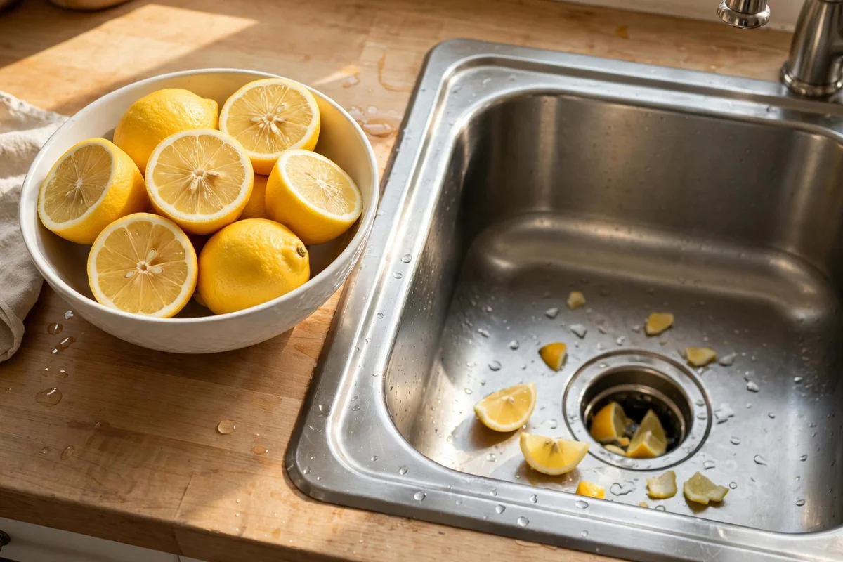 Bowl of halved lemons beside a kitchen sink ready for the disposal