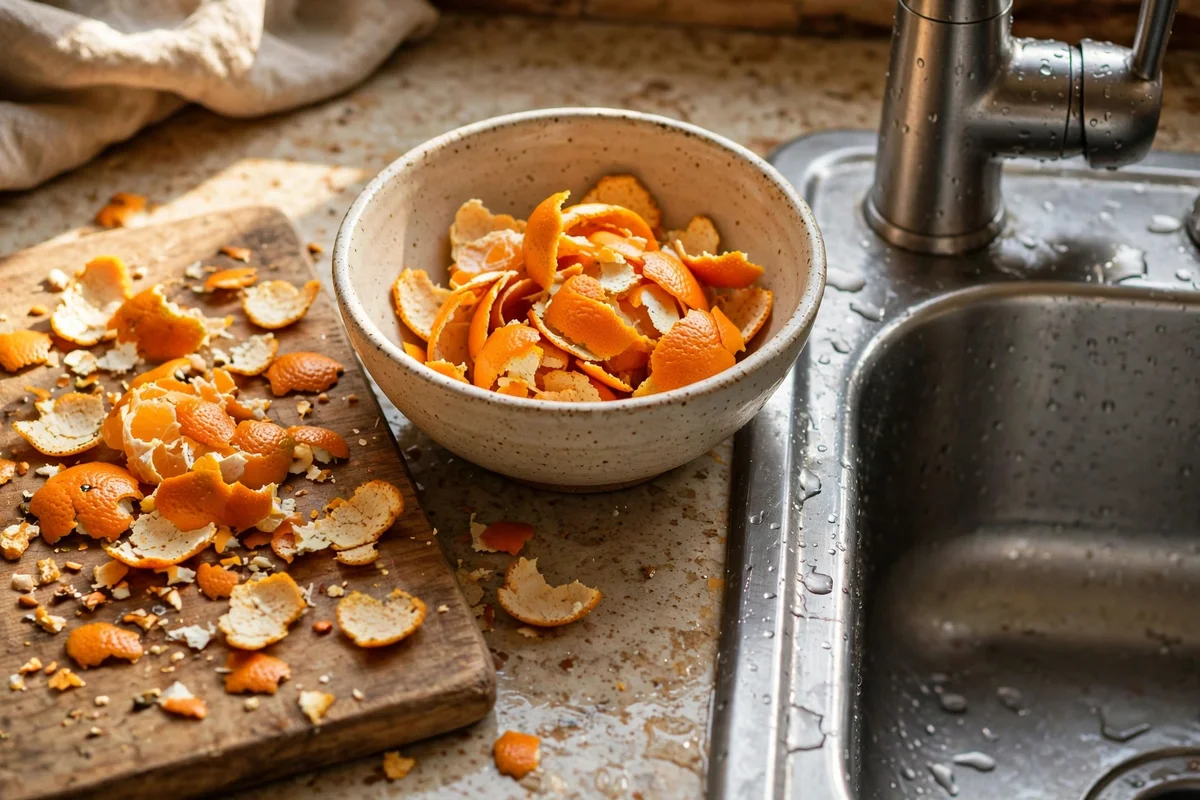 Citrus peels in a bowl beside the sink for disposal freshening