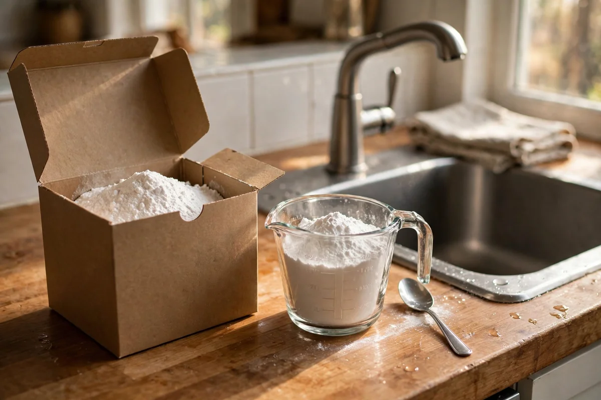 Baking soda and measuring cup beside a kitchen sink for an overnight treatment