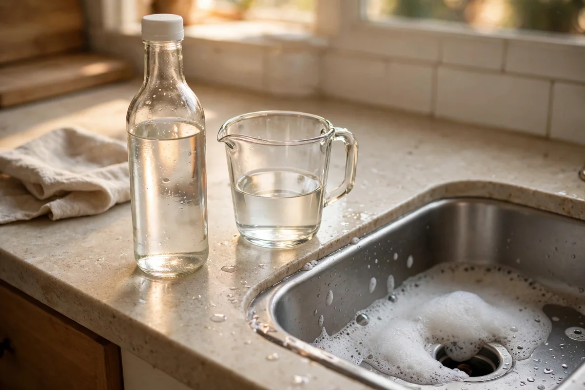 White vinegar bottle and measuring cup beside a sink with foam at the drain