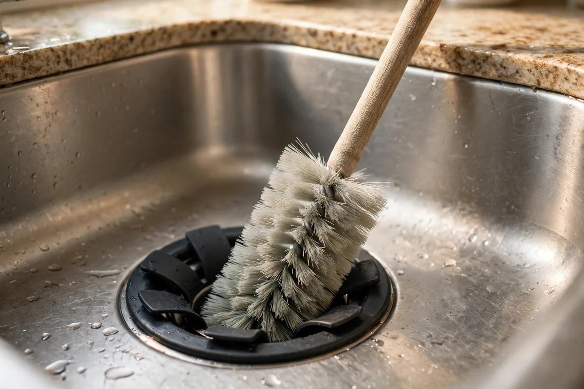 Bottle brush reaching past the splash guard flaps of a sink drain