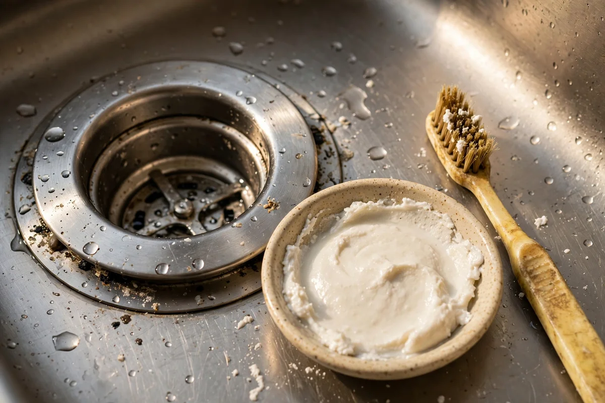 Stainless flange ring with a toothbrush and baking soda paste for scrubbing