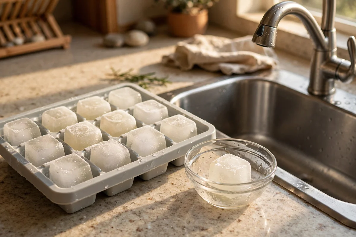 Tray of frozen vinegar cubes beside the sink for disposal cleaning