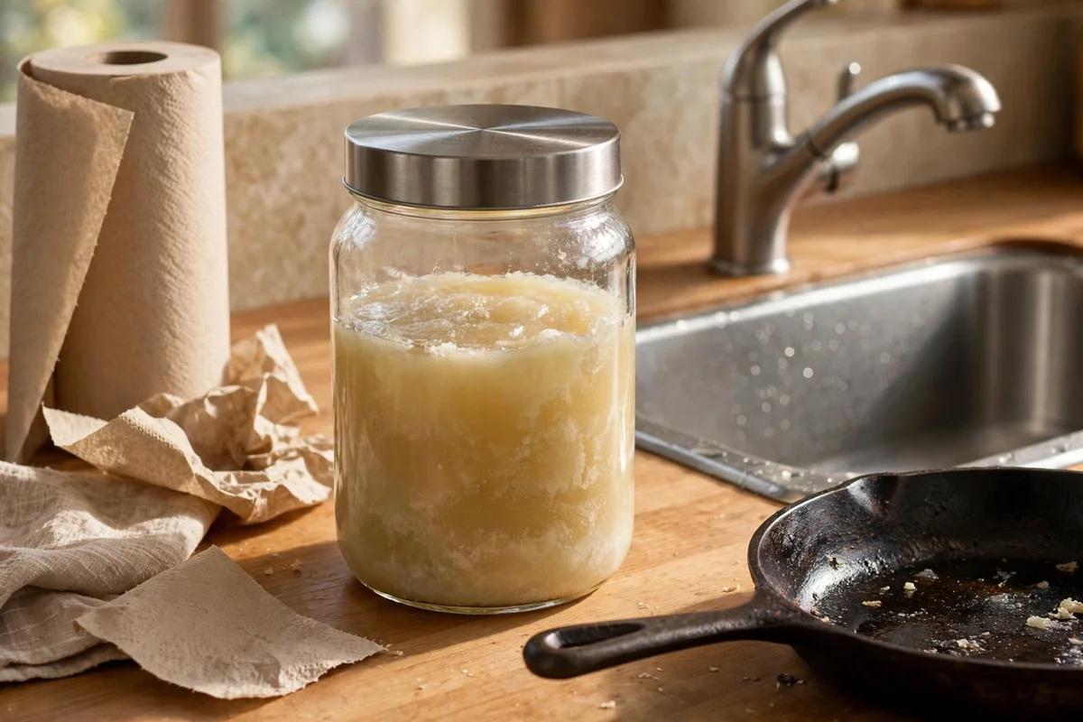 Glass jar collecting cooking grease beside the sink instead of the drain
