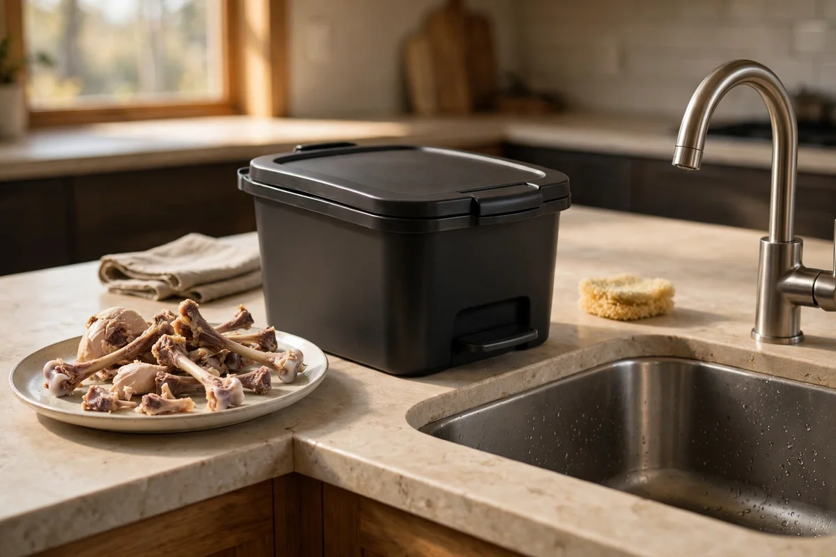 Bones set aside in a bin beside the sink, kept out of the disposal