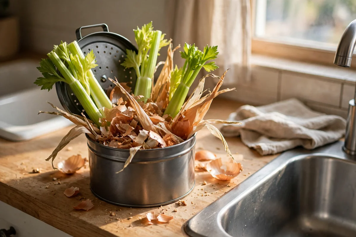 Fibrous scraps in a compost caddy beside the sink, kept out of the disposal