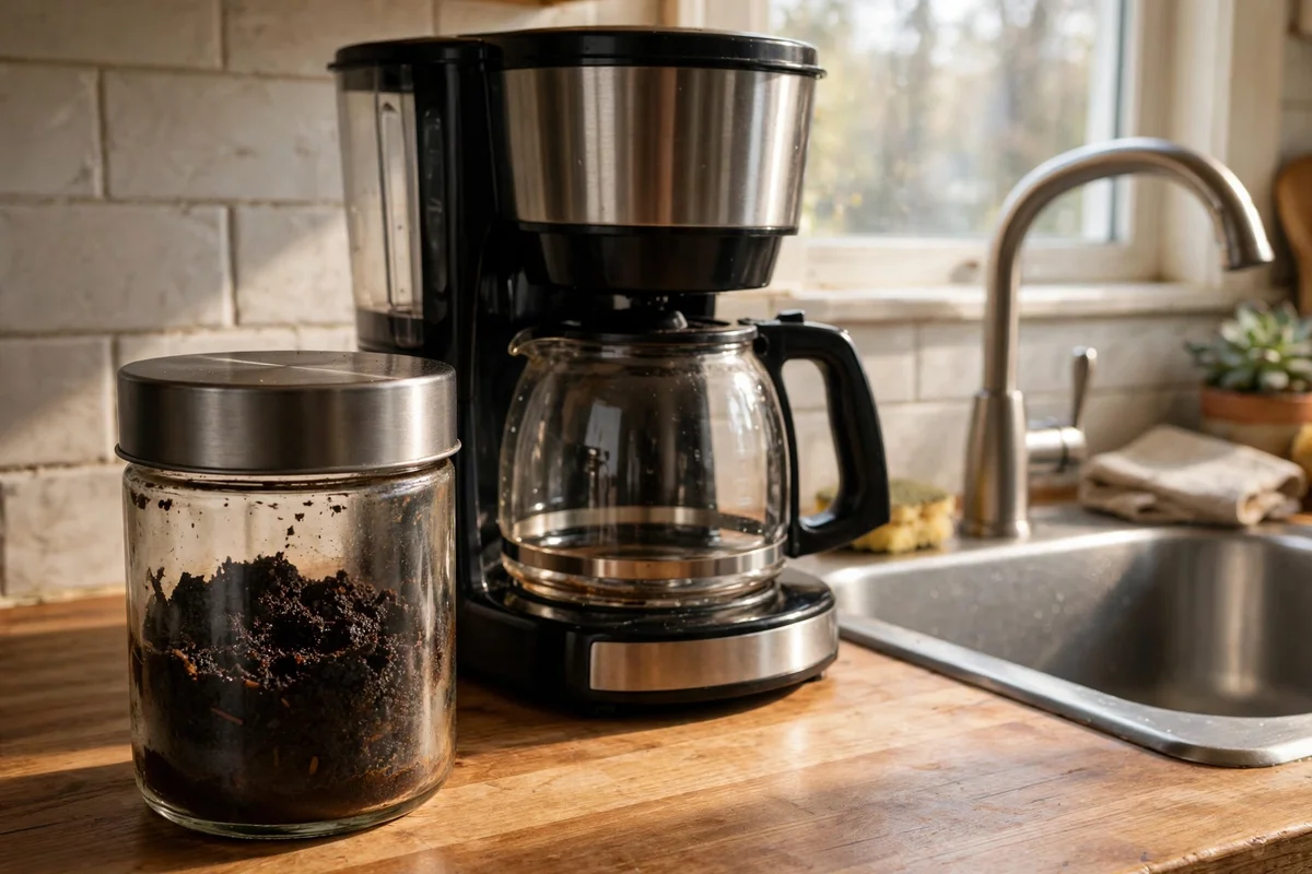 Container of used coffee grounds beside the coffee maker, kept out of the drain