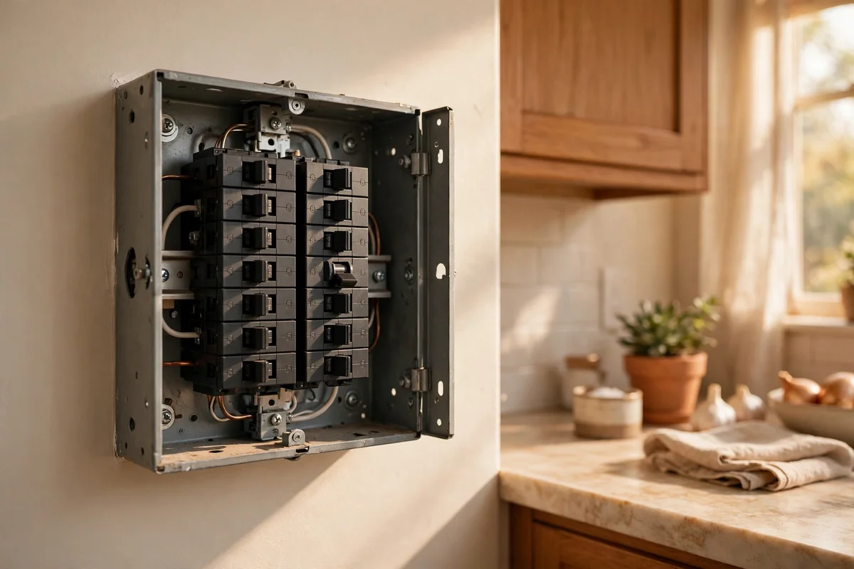 Fuse box with a labeled breaker switched off before disposal cleaning