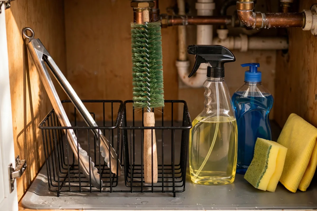 Long tongs and a bottle brush in an under-sink caddy for safe cleaning