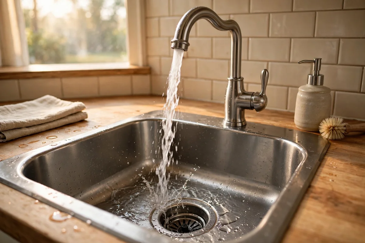 Cold water streaming from the tap into the sink during grinding