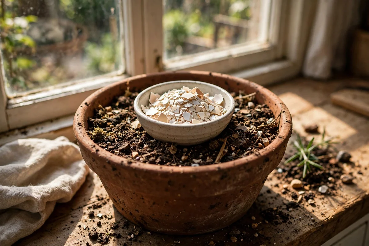 Crushed eggshells in a bowl on a windowsill plant, not in the disposal