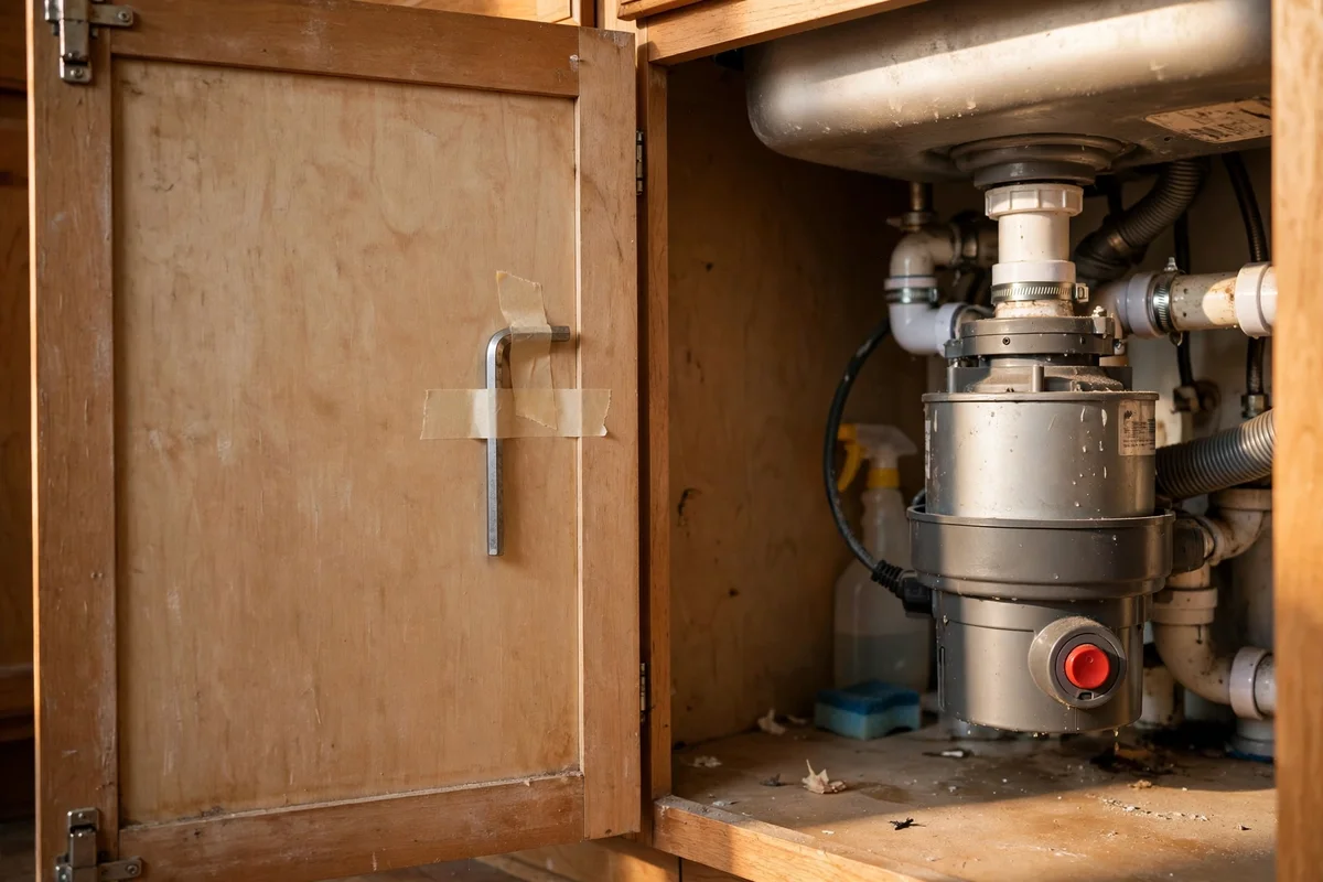 Hex key taped inside the cabinet door beside the disposal unit