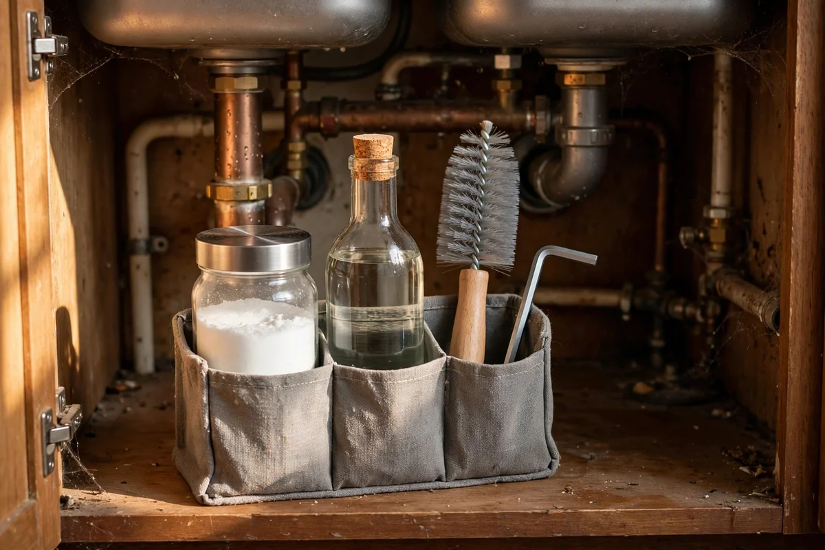 Cleaning caddy under the sink with supplies for the monthly routine