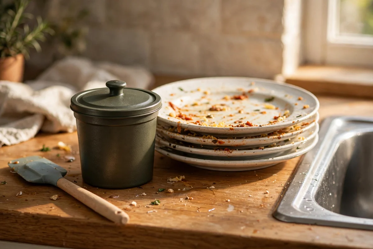 Plates and a countertop bin with a spatula beside the sink for scraping
