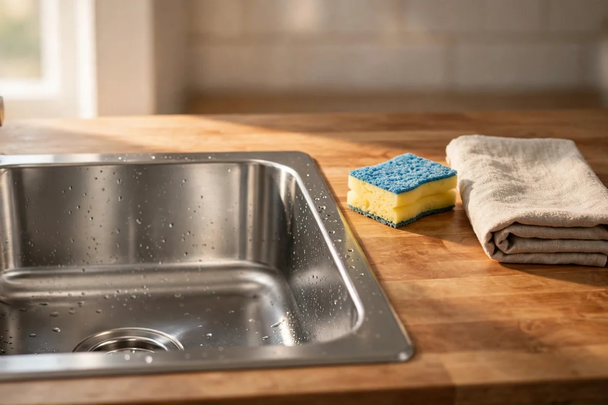 Clean stainless sink basin with a sponge and towel on the counter