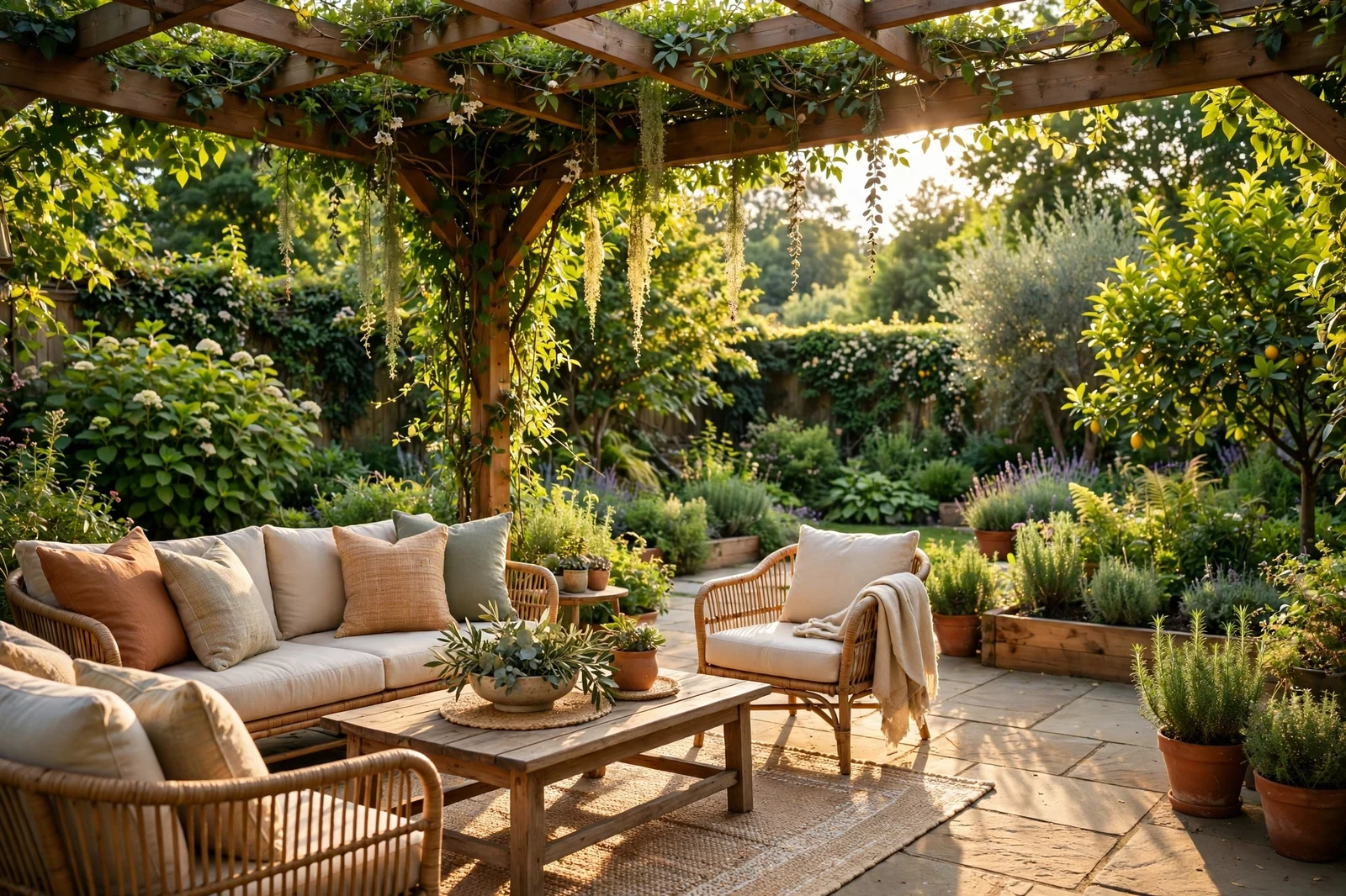 Peaceful sunny backyard patio with comfortable seating and lush garden