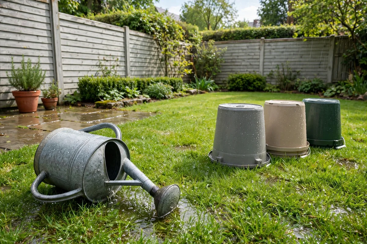 Tidy backyard with buckets stored upside down after rain