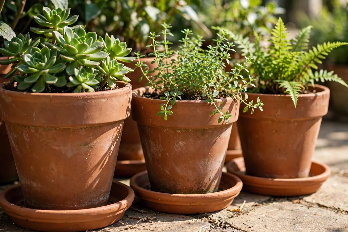Terracotta plant pots with empty dry saucers on a sunny patio