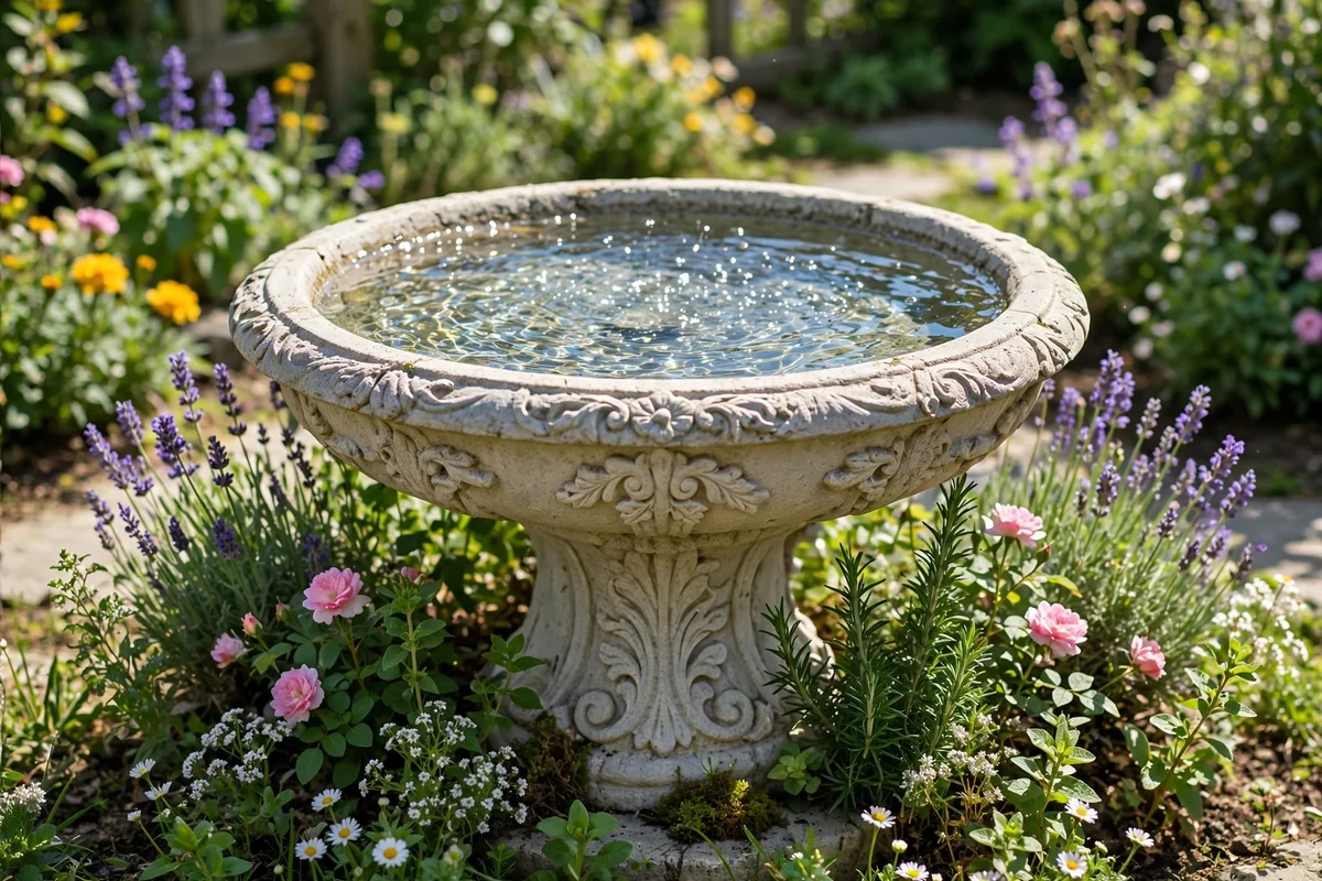 Classic stone birdbath with fresh clean water in a sunny garden