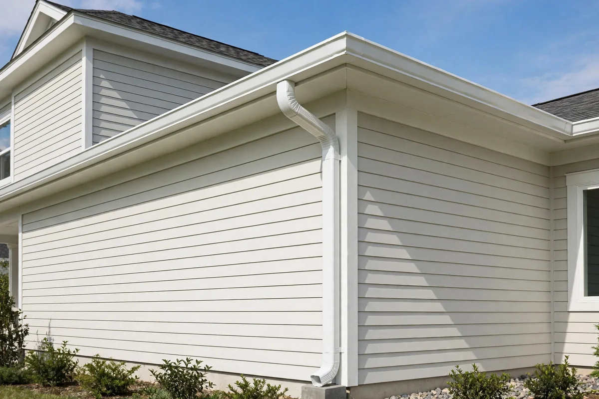 Clean white gutters and downspout on a house exterior