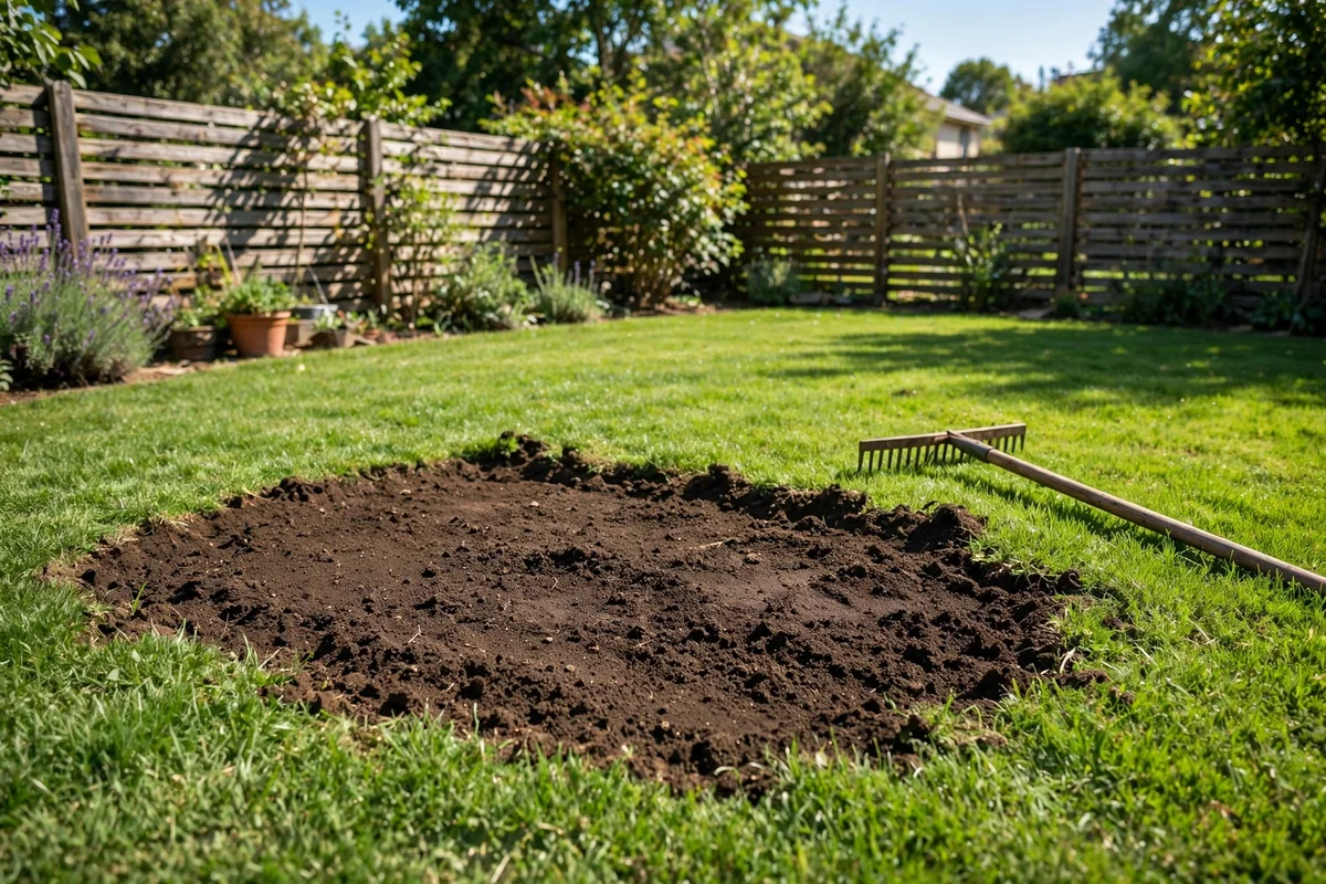 Level green lawn with fresh topsoil filling a low spot