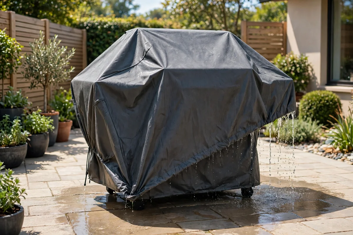 Grill covered with a tightly pulled tarp on a neat patio