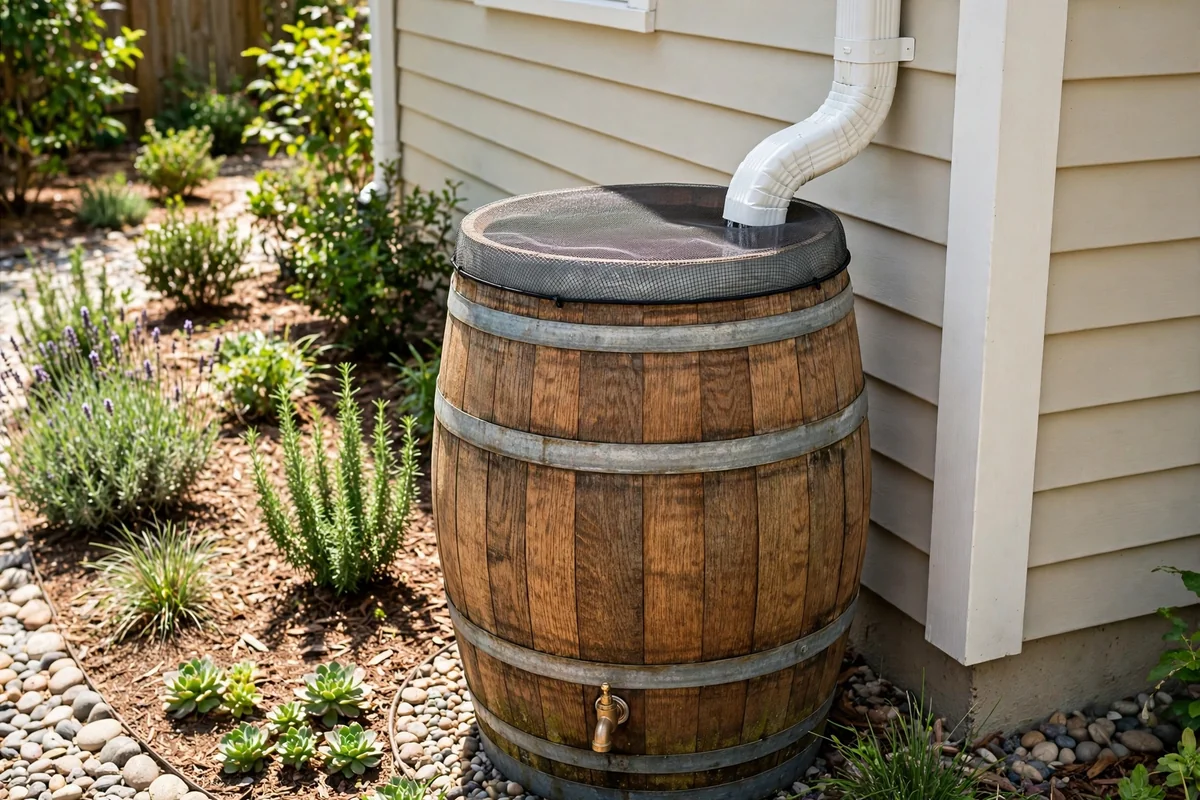 Wooden rain barrel with mesh screen over the top by a downspout