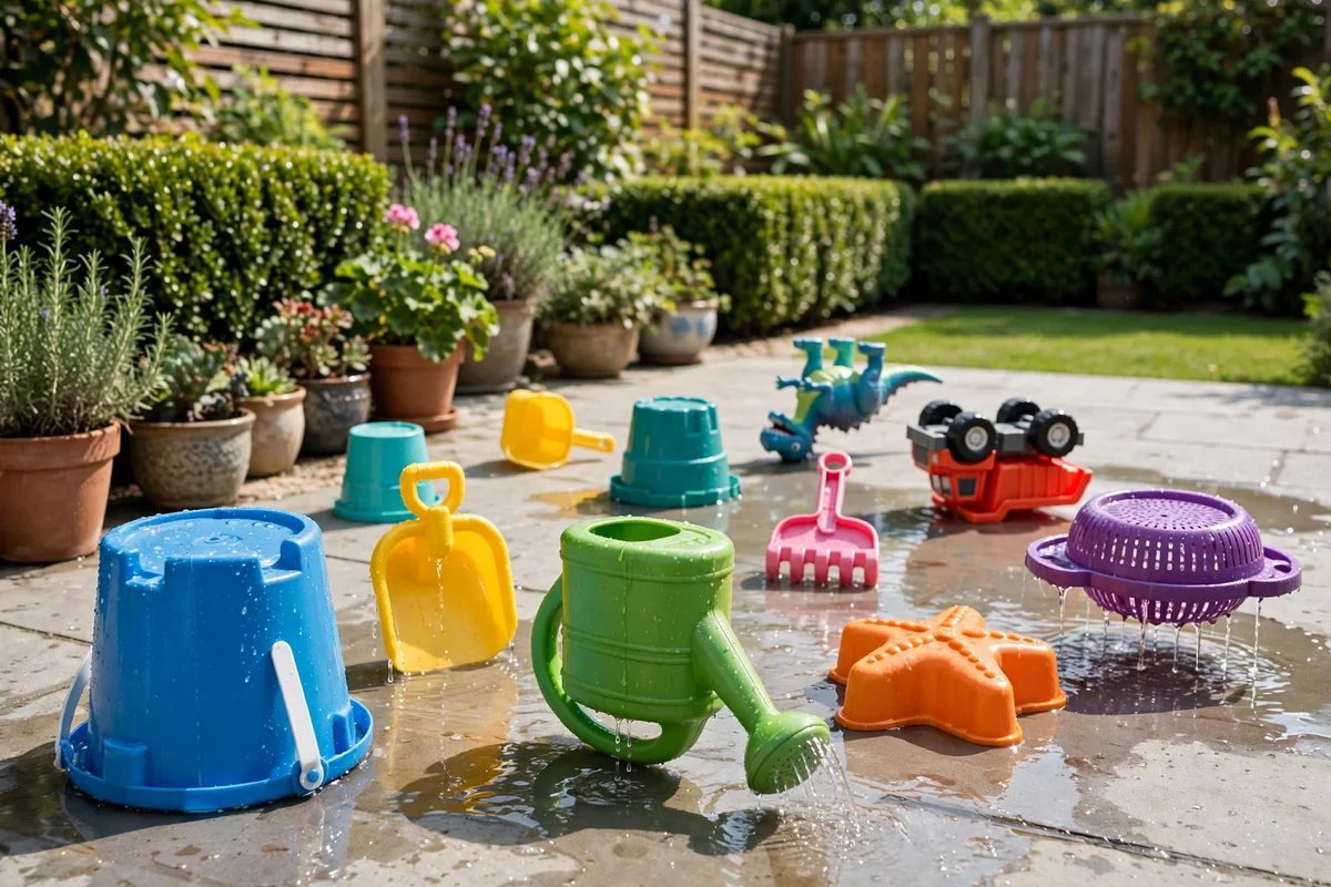 Colorful kids outdoor toys turned upside down on a sunny patio