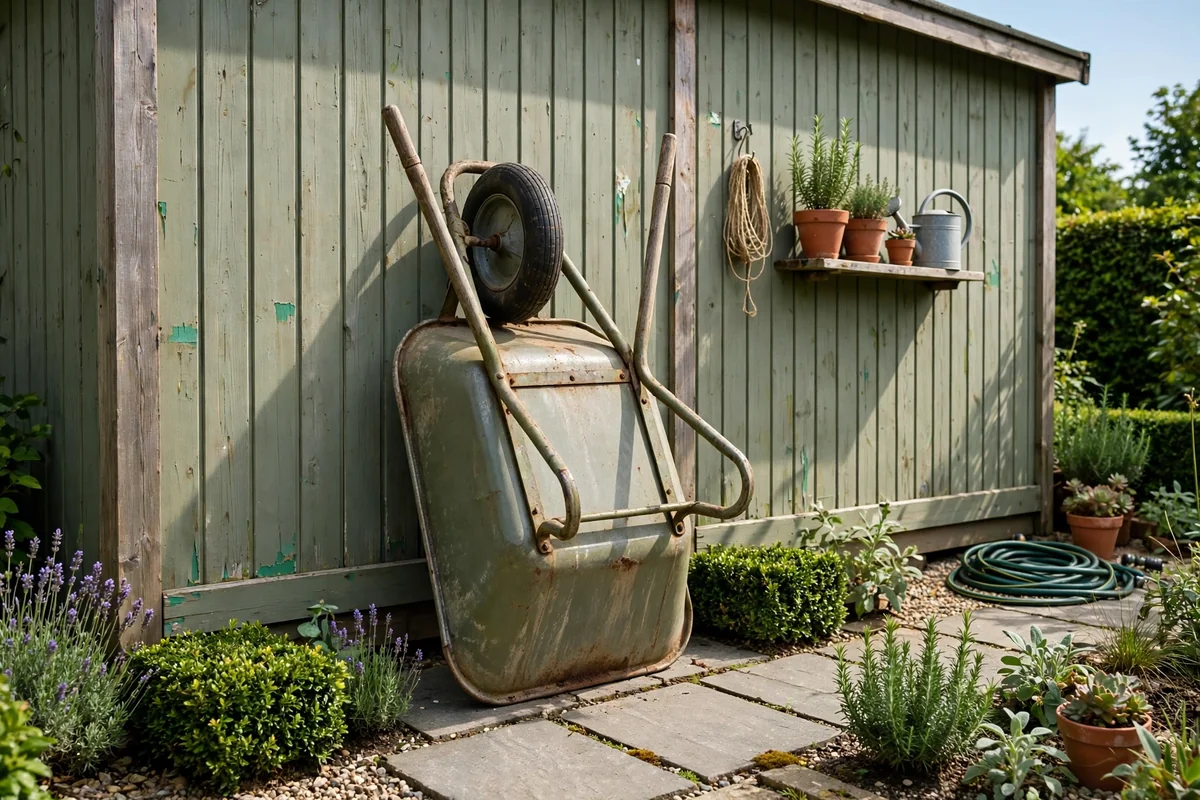 Wheelbarrow stored upside down against a garden shed