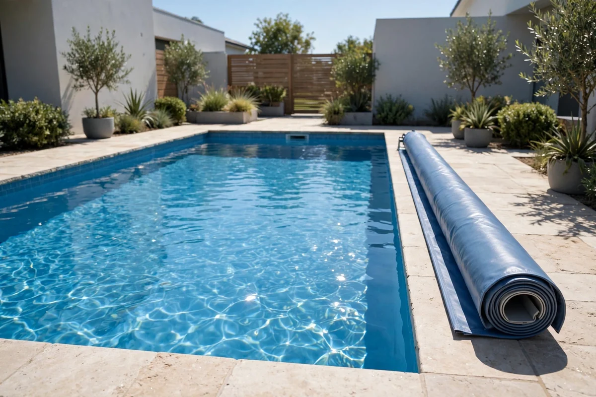 Sparkling clean swimming pool with cover rolled beside it
