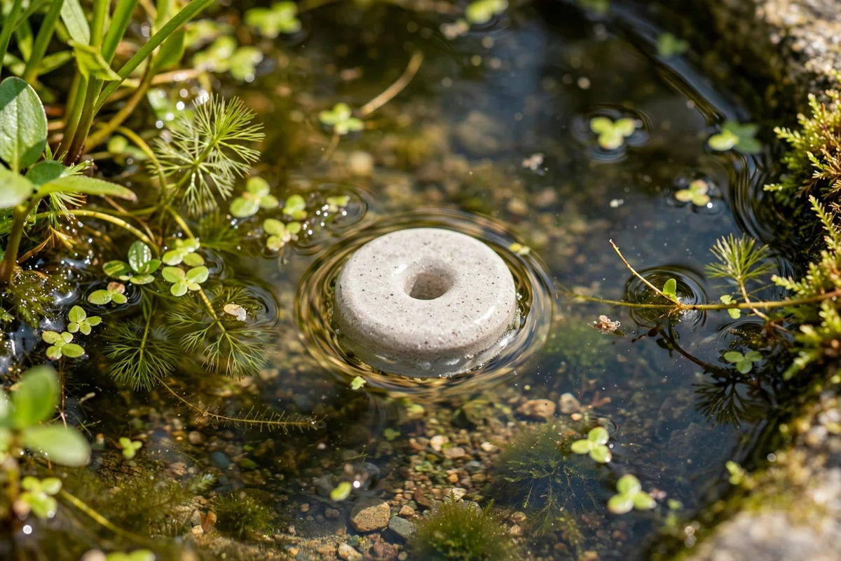 Garden pond with a mosquito dunk floating near water plants