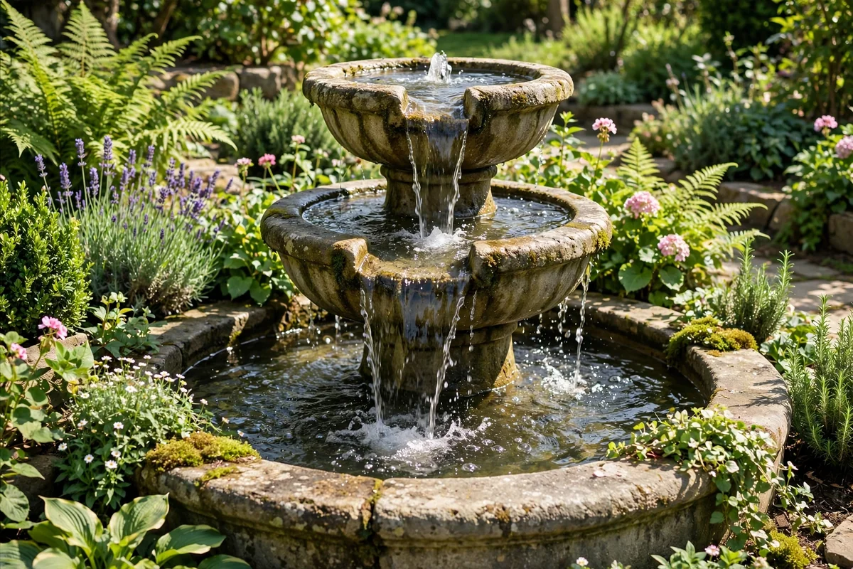 Charming garden fountain with flowing circulating water
