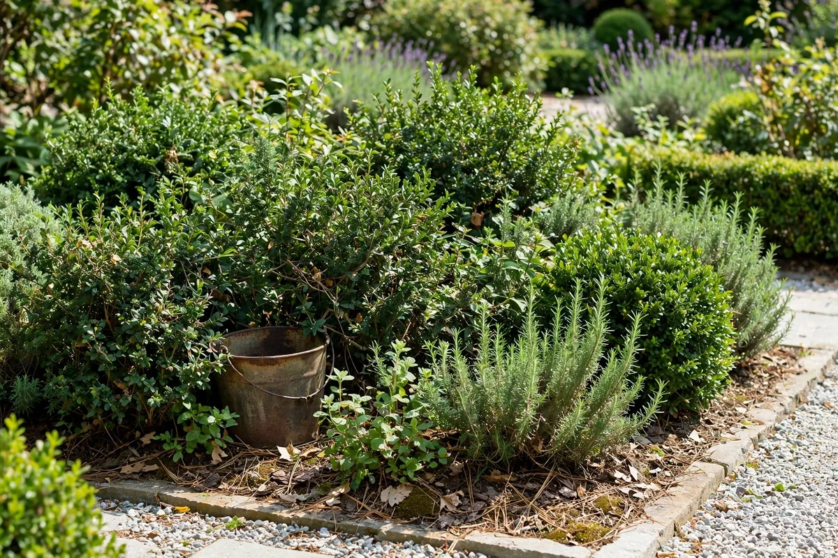 Forgotten bucket discovered behind dense garden shrubs