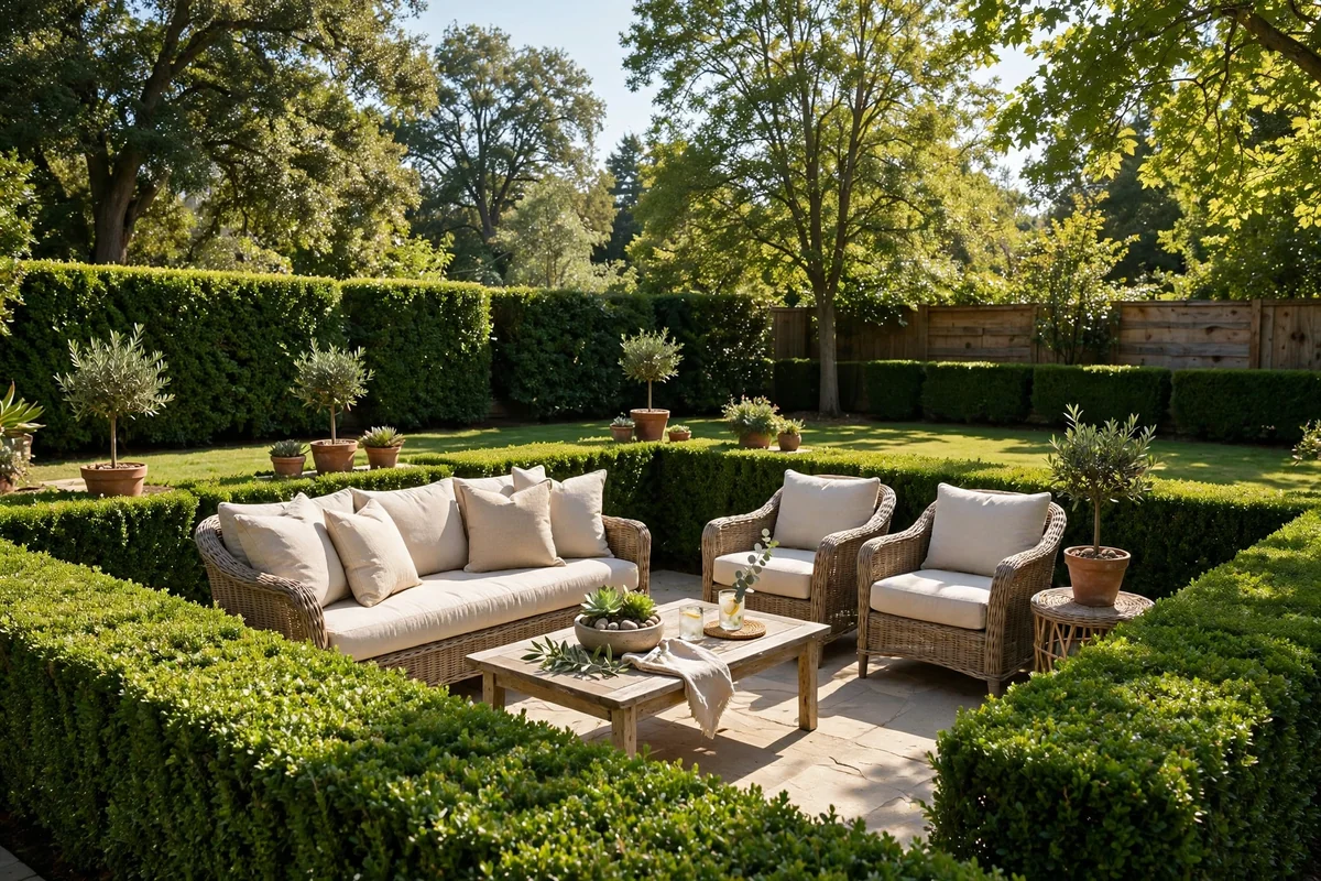 Neatly pruned shrubs around a comfortable patio seating area