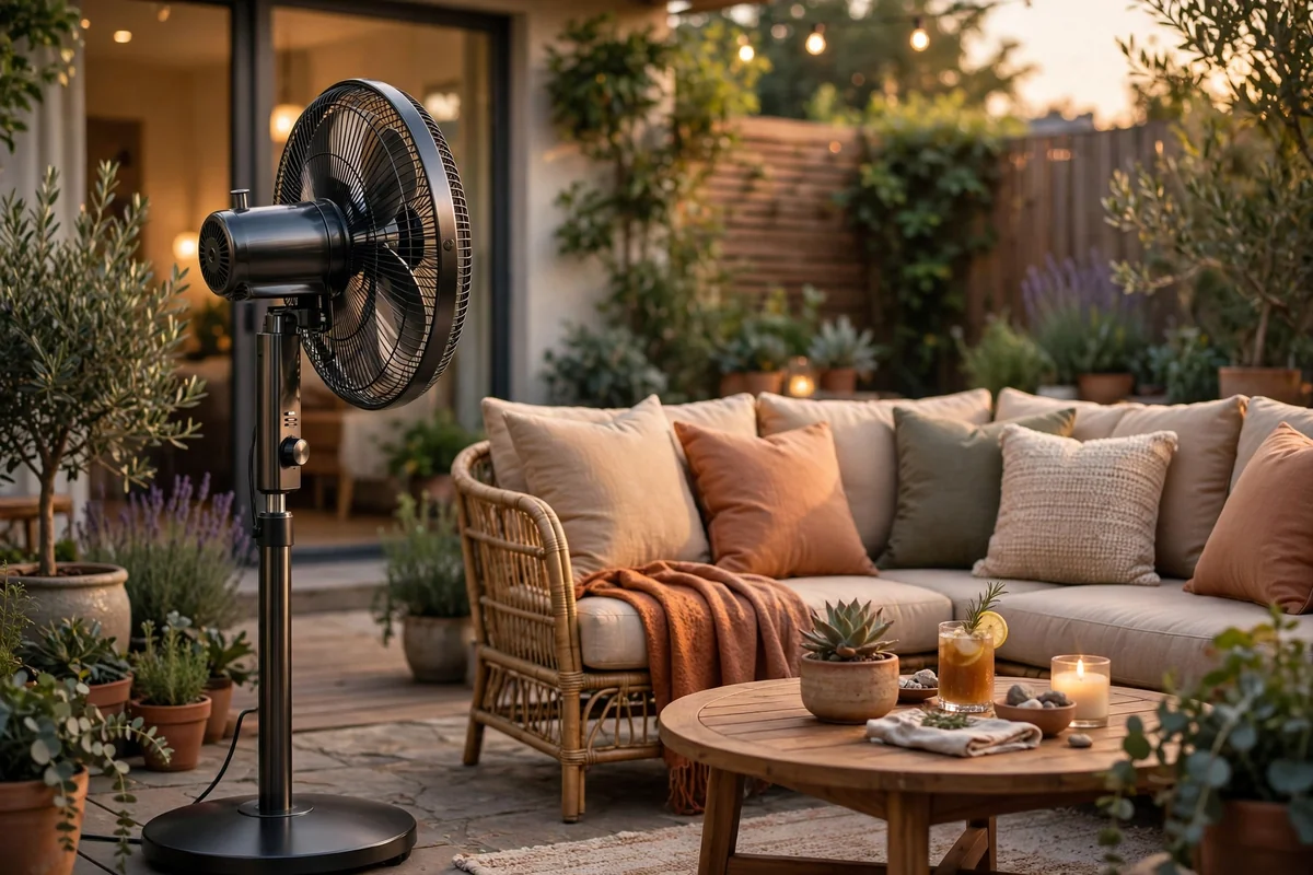Outdoor standing fan aimed at a cozy patio seating set